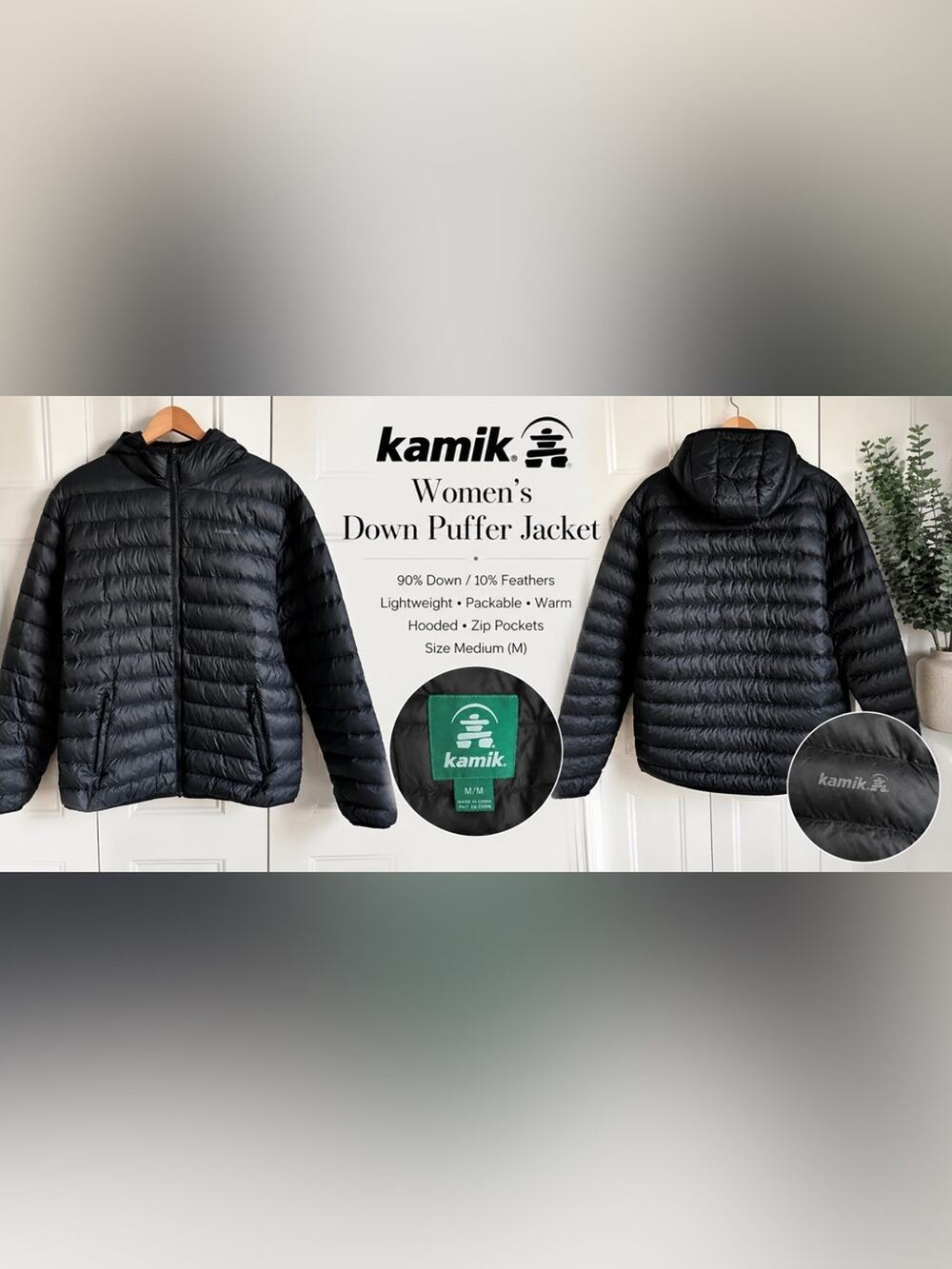 Kamik Women’s Black 90% Down Packable Hooded Puffer Jacket M Lightweight Winter
